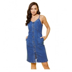 Women's Denim Washed Shoulder Straps Dress (Blue)
