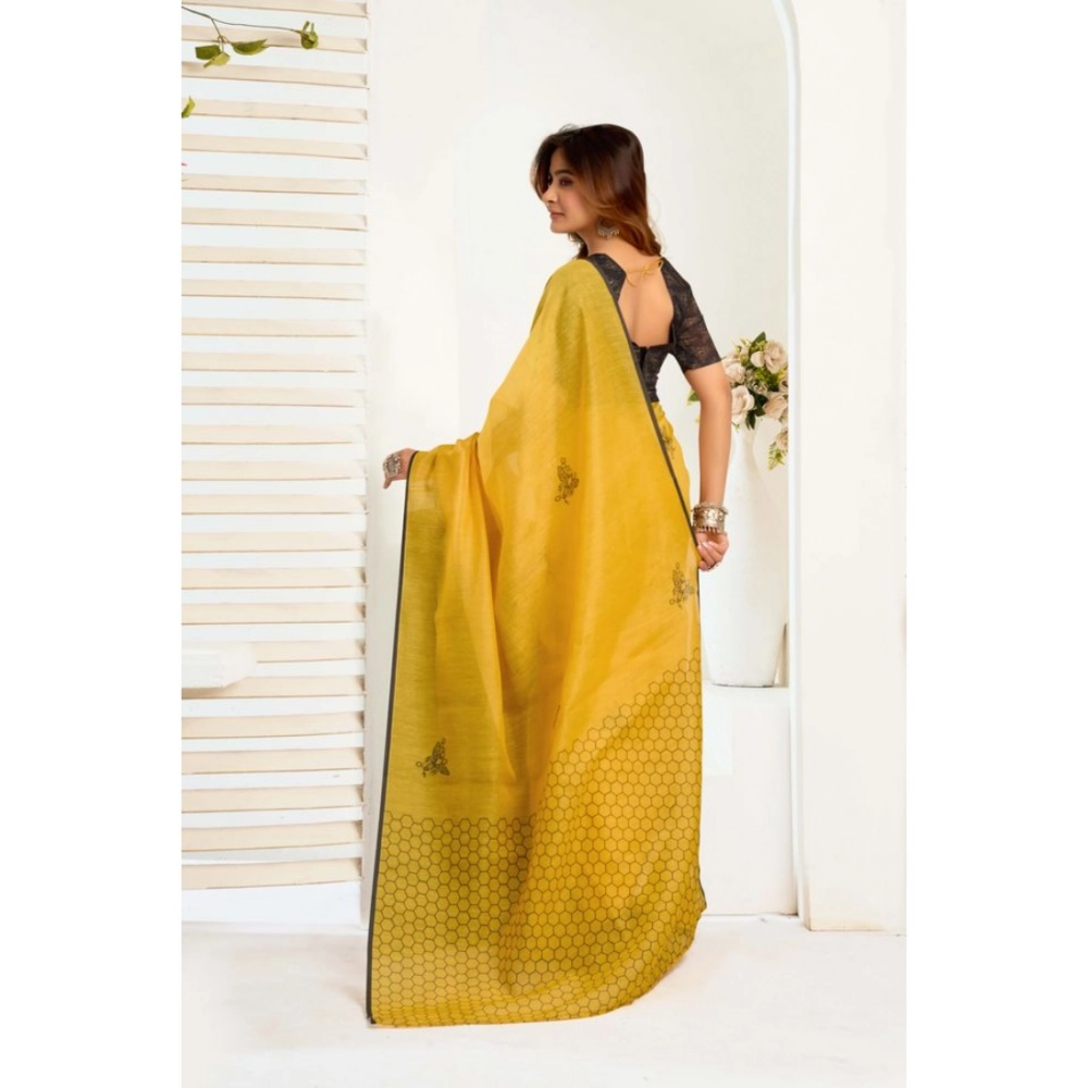 Women's Linen Cotton Printed Ready To Wear Saree With Unstitched Blouse 5.5 Mtr (Yellow)