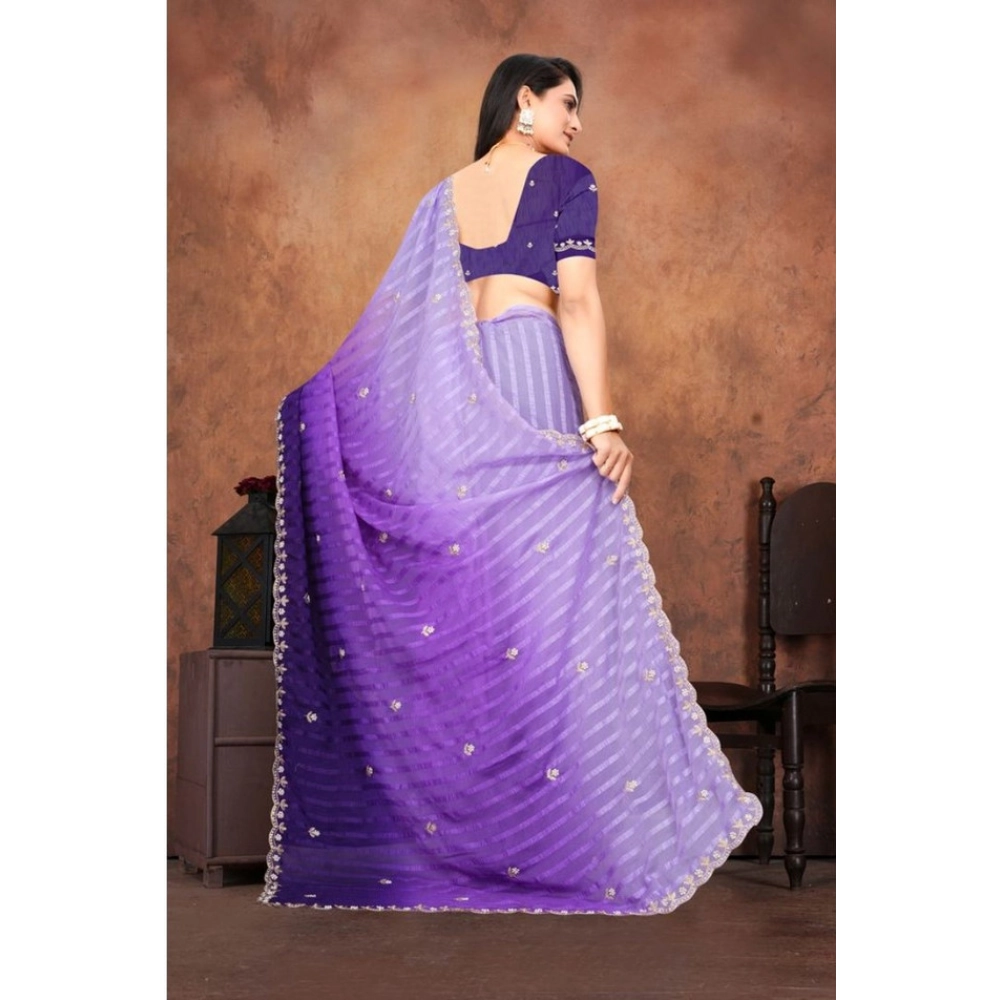 Women's Chiffon Embroidred Saree With Unstitched Blouse 5.5Mtr (Purple) Women's Chiffon Embroidred Saree With Unstitched Blouse 5.5Mtr (Purple)