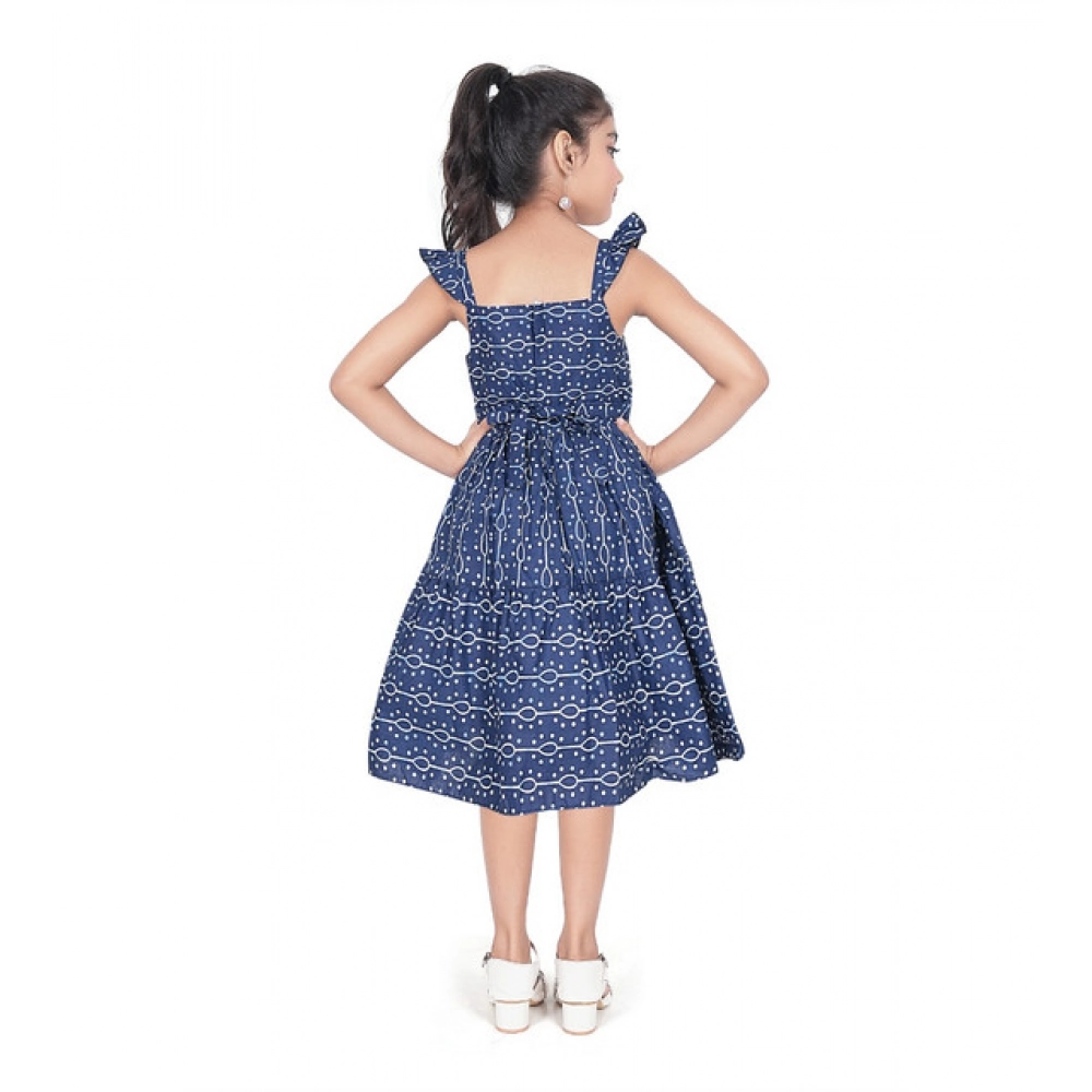 Girl's Cotton Printed Sleeve Less Squre Neck Dress (Navy Blue)