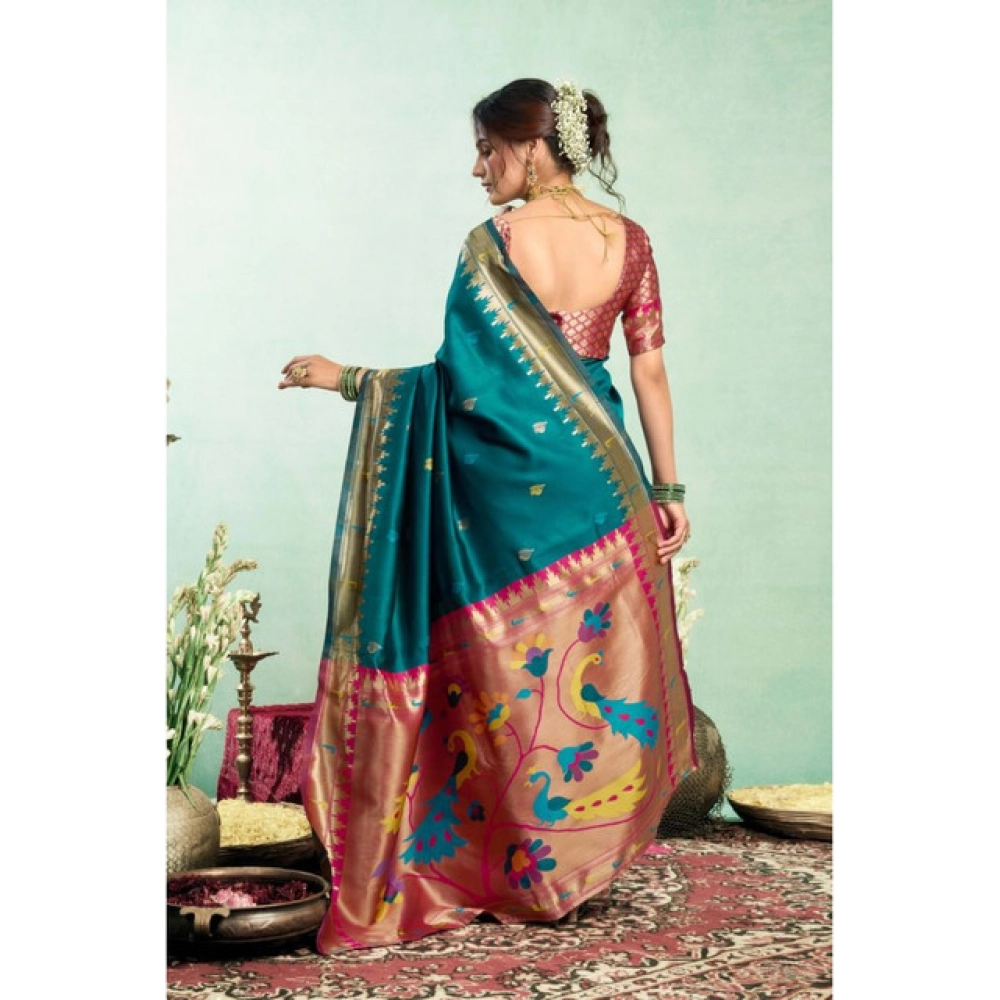 Women's Silk Blend Woven Saree With Unstitched Blouse 5.5 Mtr (Teal)