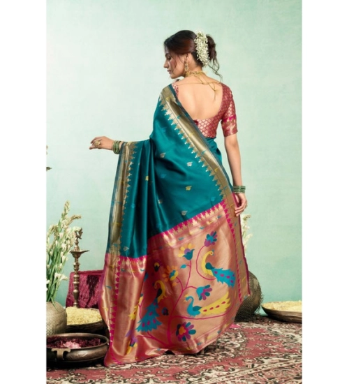 Women's Silk Blend Woven Saree With Unstitched Blouse 5.5 Mtr (Teal) Women's Silk Blend Woven Saree With Unstitched Blouse 5.5 Mtr (Teal)