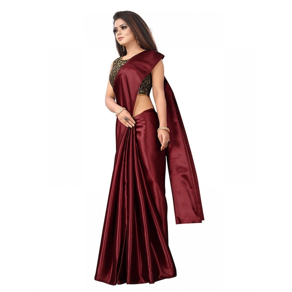 Women's Satin Printed Saree With Unstitched Blouse 5.5Mtr (Maroon)