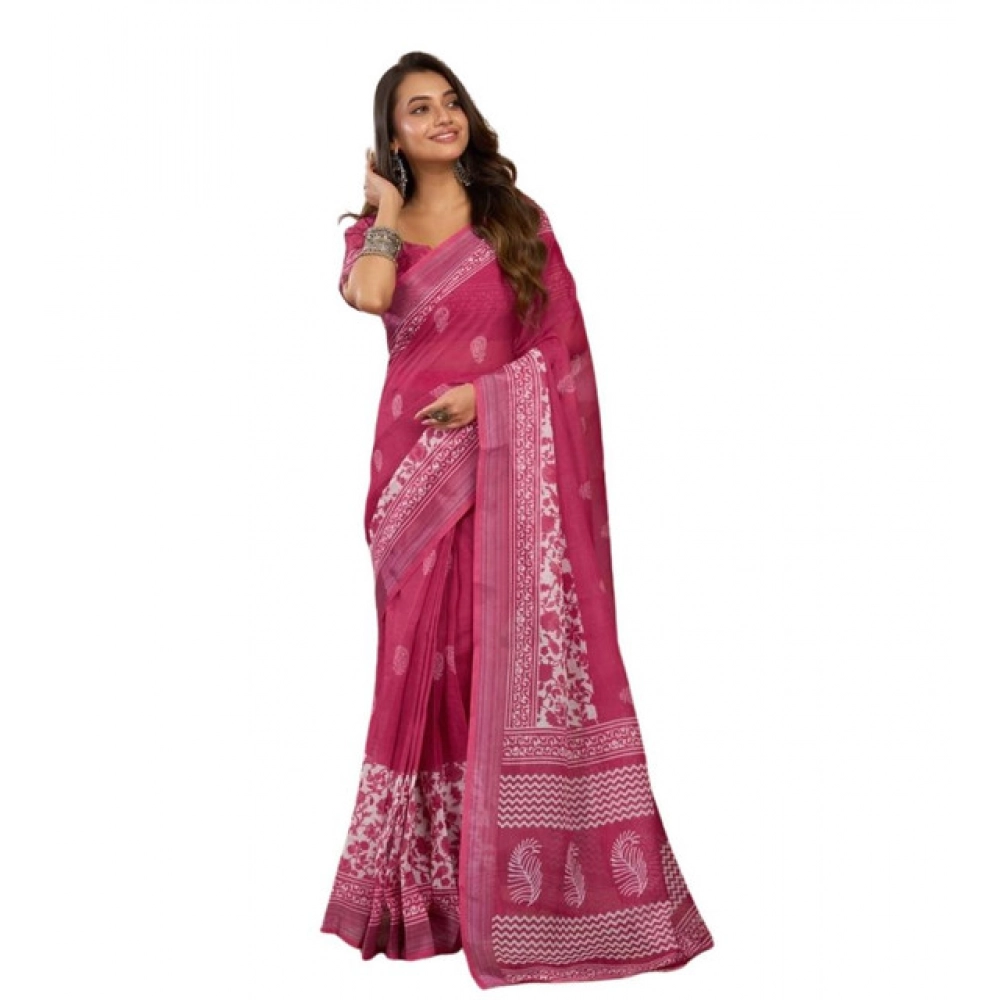 Women's Faux Linen Floral Print Ready to wear Saree With Unstitched Blouse 5.5Mtr (Pink) Women's Faux Linen Floral Print Ready to wear Saree With Unstitched Blouse 5.5Mtr (Pink)
