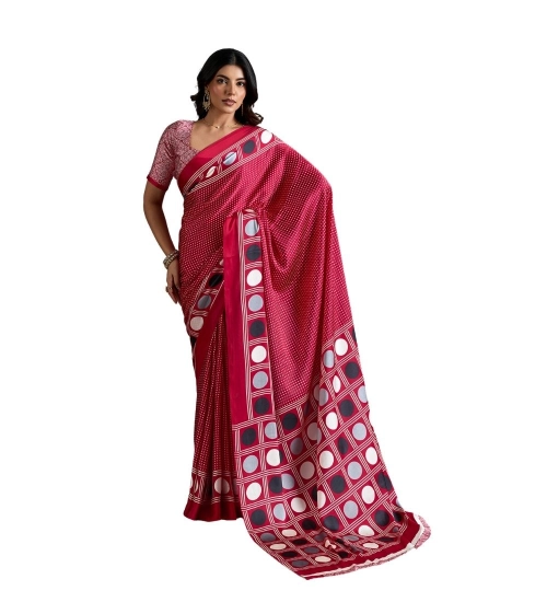 Women's Satin Crepe Printed Saree With Unstitched Blouse 5.5Mtr (Red)
