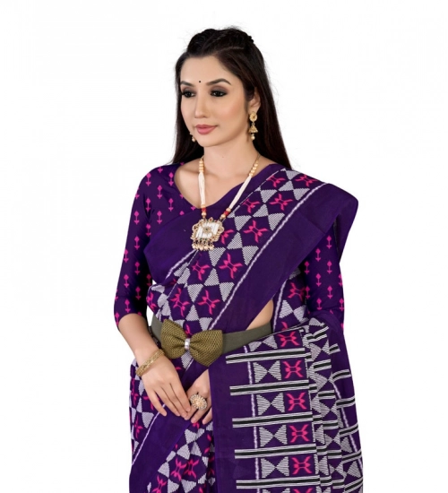 Women's Soft Pure Cotton Printed Saree With Unstitched Blouse 5.5Mtr (Purple)