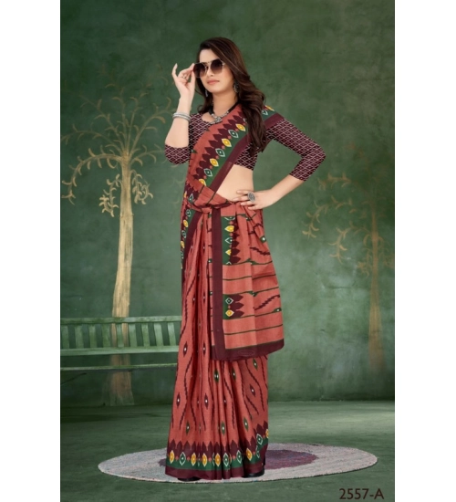Women's Soft Pure Cotton Printed Saree With Unstitched Blouse 5.5Mtr (Brown)
