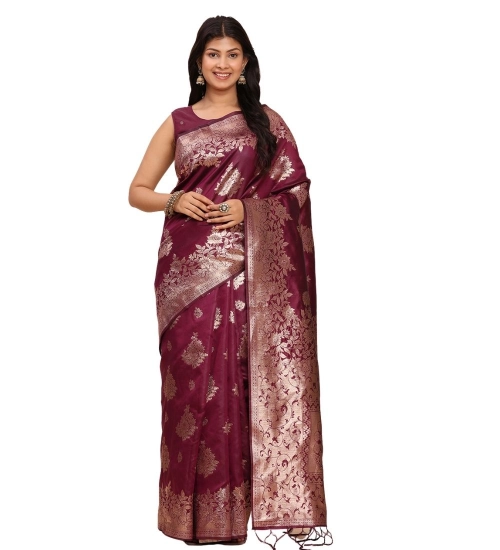 Women's Banarasi Silk Printed Saree With Unstitched Blouse 5.5Mtr (Purple)