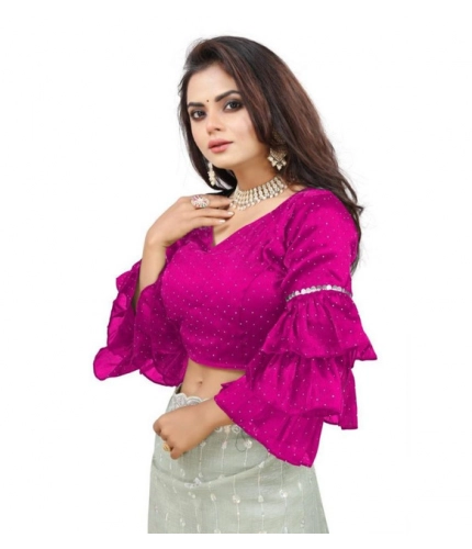 Women's Organza Solid V Neck Layered Ruffle Sleeve Readymade Blouse (Pink Free Size , up to 38–40 Bust)-PID65856