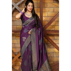Women's Litchi silk Printed Saree With Unstitched Blouse (Purple)