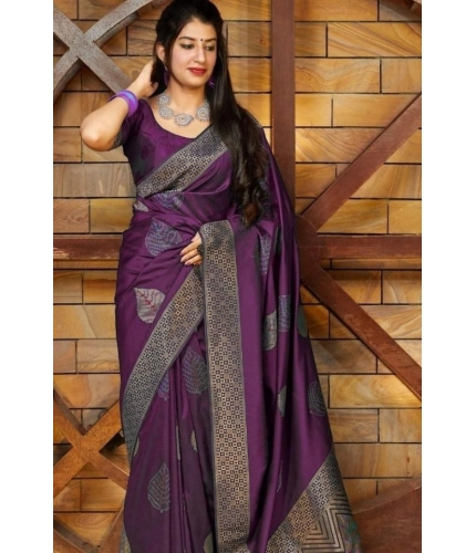 Women's Litchi silk Printed Saree With Unstitched Blouse (Purple)