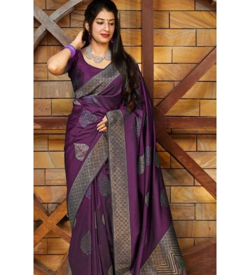 Women's Litchi silk Printed Saree With Unstitched Blouse (Purple)