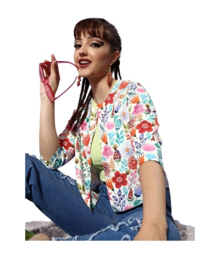 Women's Polyester Floral 3-4th Sleeves Shrug (Multicolor)