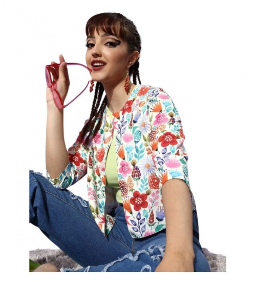 Women's Polyester Floral 3-4th Sleeves Shrug (Multicolor)