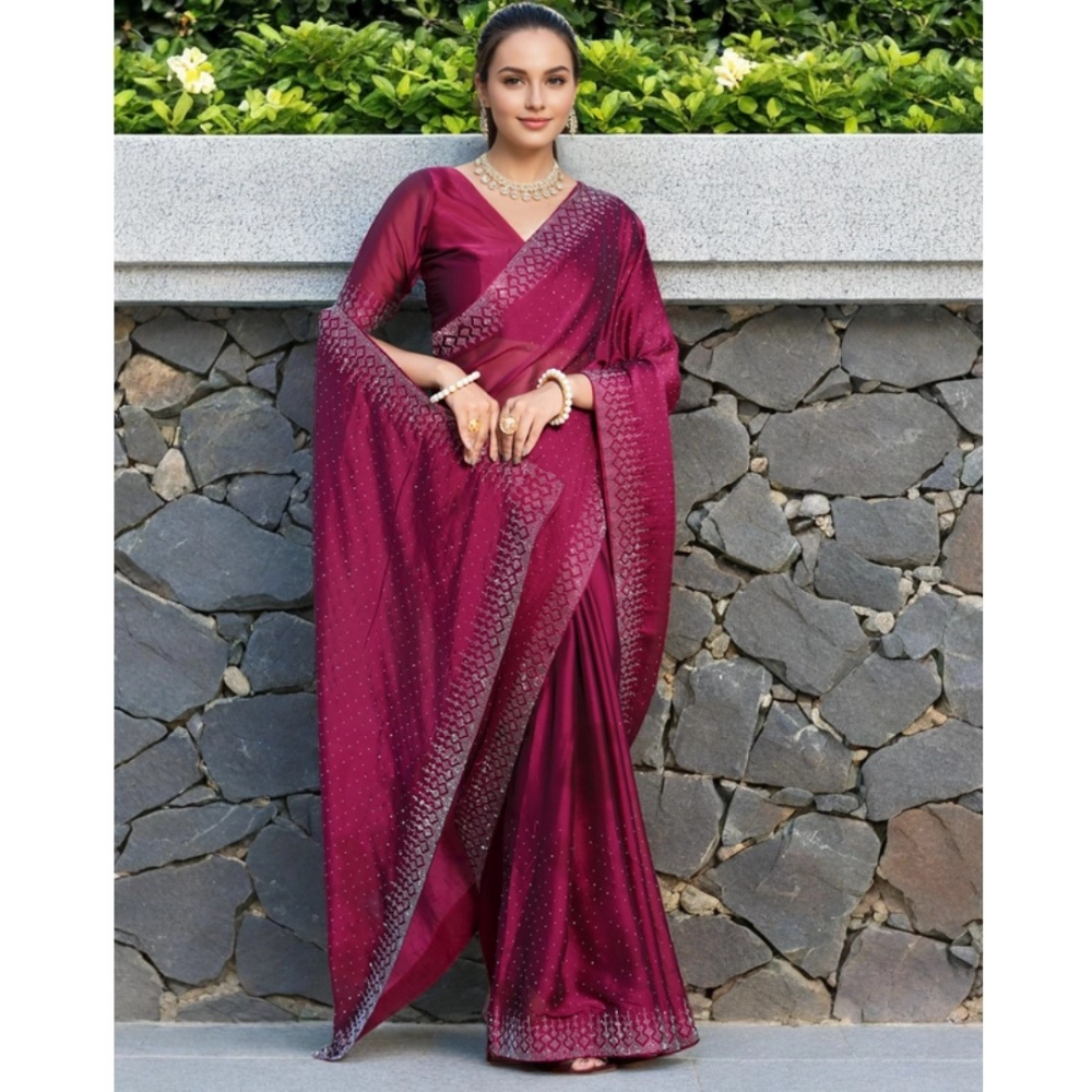 Women's Rangoli Diamond Weaving - Stone Work Saree With Unstitched Blouse 5.5Mtr (Maroon) Women's Rangoli Diamond Weaving - Stone Work Saree With Unstitched Blouse 5.5Mtr (Maroon)