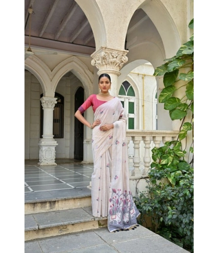 Women's Blended_Cotton Floral Weaving Pattern Saree With Unstitched Blouse 5.5Mtr (Blue)