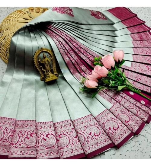 Women's Soft Silk Printed Saree With Unstitched Blouse 5.5Mtr (Silver Green)