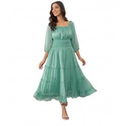 Women's Chiffon Solid Puff Sleeve Dress (Green)