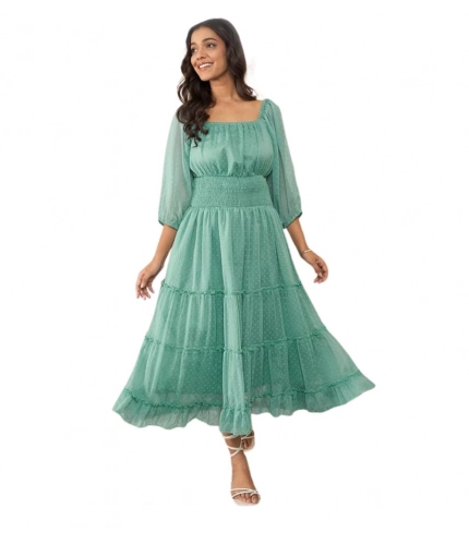 Women's Chiffon Solid Puff Sleeve Dress (Green)