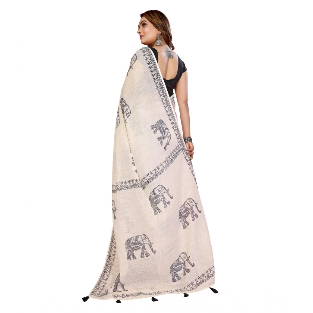 Women's Linen Cotton Printed Saree With Unstitched Blouse 5.5Mtr (Off White)