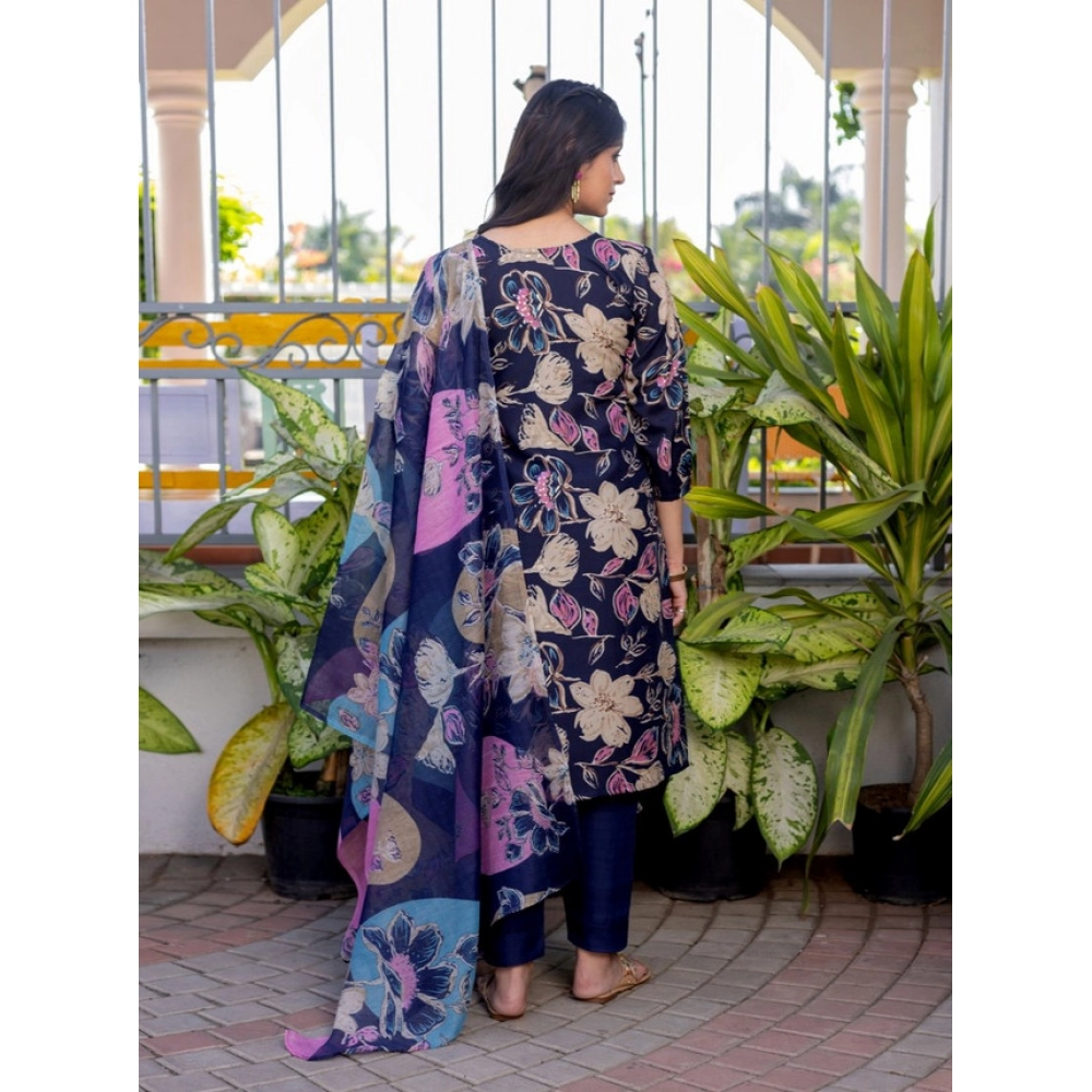 Women's Cotton Blend Printed Kurti With Pant Dupatta Set (NavyBlue) Women's Cotton Blend Printed Kurti With Pant Dupatta Set (NavyBlue)