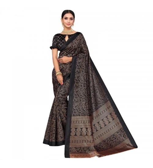 Women's Litchi silk Printed Saree With Unstitched Blouse  5-6 Mtrs (Black)