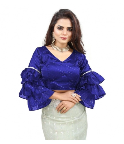 Women's Organza Solid V Neck Layered Ruffle Sleeve Readymade Blouse (Blue Free Size , up to 38–40 Bust)-PID65849