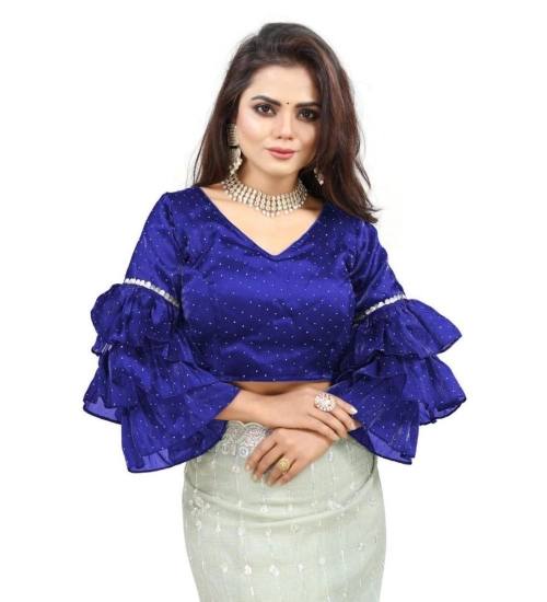 Women's Organza Solid V Neck Layered Ruffle Sleeve Readymade Blouse (Blue Free Size , up to 38–40 Bust)-PID65849