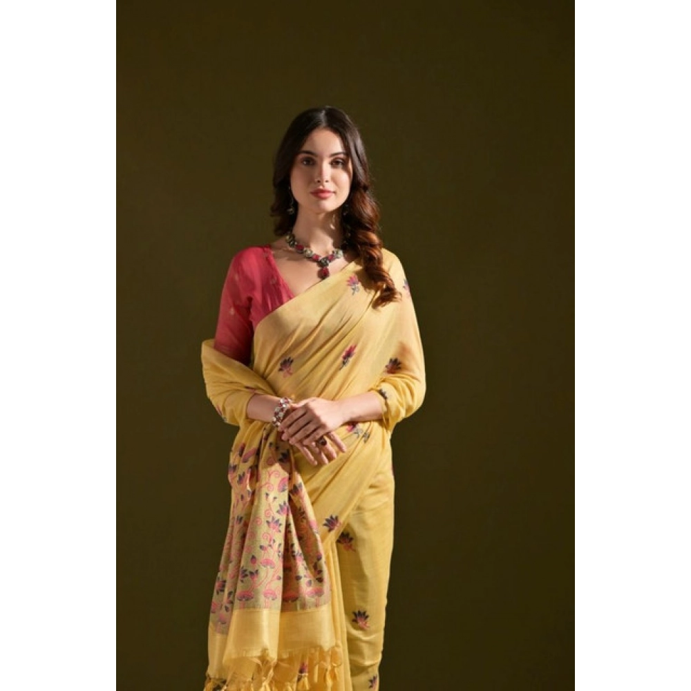 Women's Blended_Cotton Floral Saree With Unstitched Blouse 5.5Mtr (Mustard)