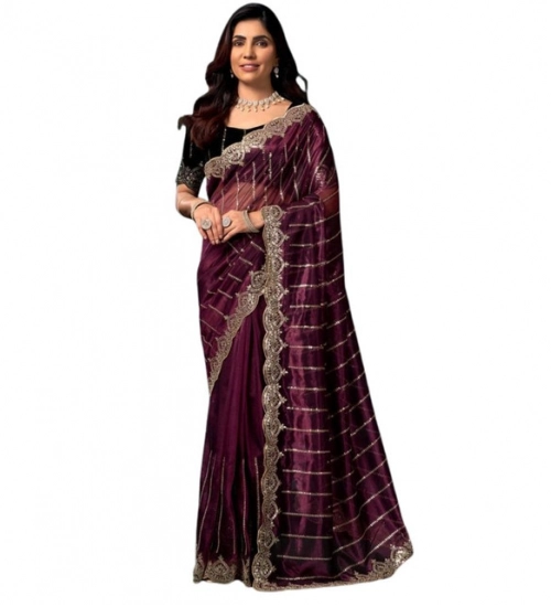 Women's Net Sequence Saree With Unstitched Blouse 5.5Mtr (Maroon) Women's Net Sequence Saree With Unstitched Blouse 5.5Mtr (Maroon)