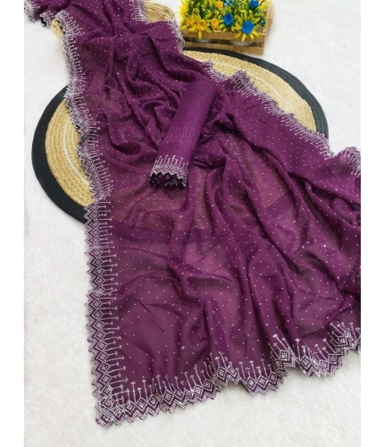 Women's Georgette Stone Work Saree With Unstitched Blouse 5.5Mtr (Purple) Women's Georgette Stone Work Saree With Unstitched Blouse 5.5Mtr (Purple)