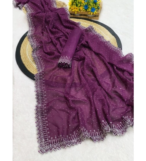 Women's Georgette Stone Work Saree With Unstitched Blouse 5.5Mtr (Purple)