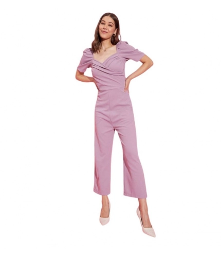 Women's Polyester Lycra Solid Puff Sleeve Jumpsuit (Lavender)
