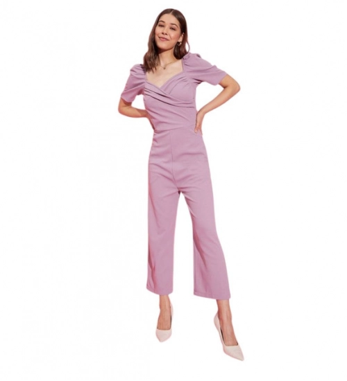 Women's Polyester Lycra Solid Puff Sleeve Jumpsuit (Lavender)