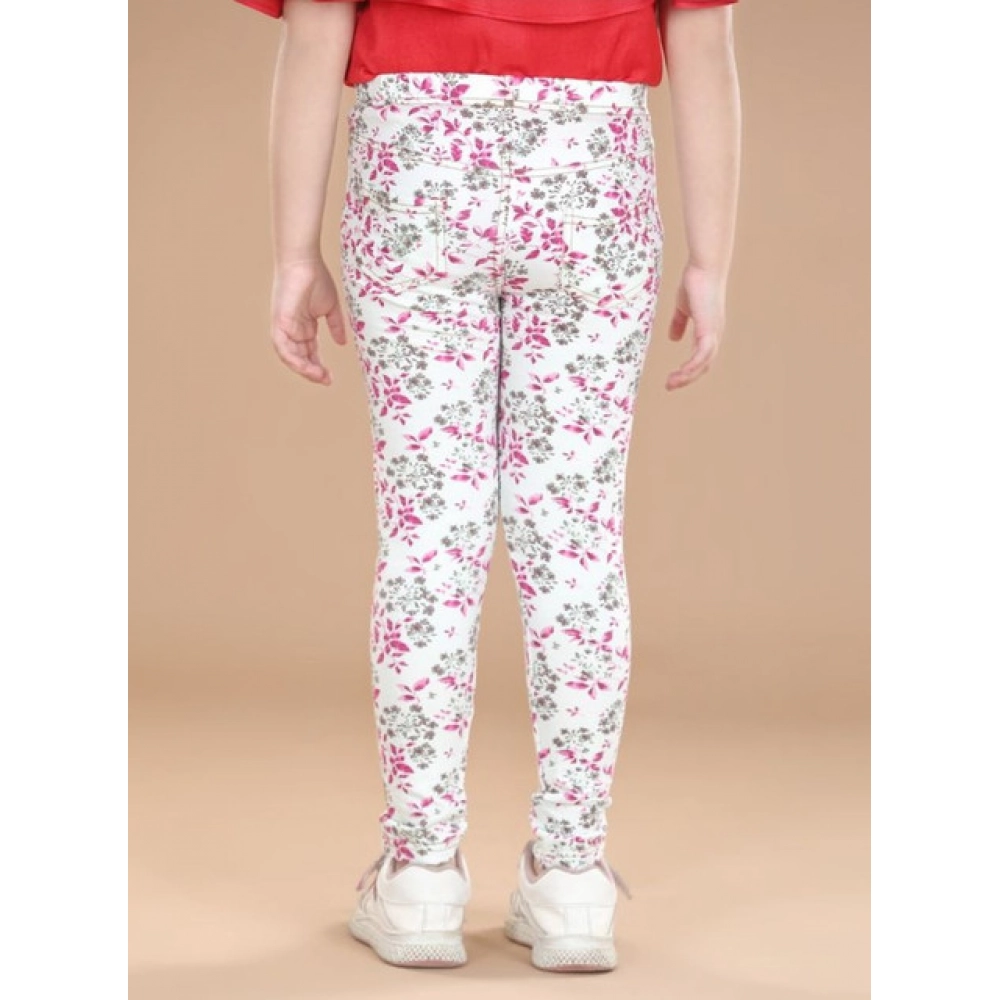 Girl's Cotton Lycra Floral Elasticated Jeggings (White-Pink) Girl's Cotton Lycra Floral Elasticated Jeggings (White-Pink)