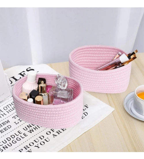 Cotton 8x3 Inch Round 2 Set Bedside Organizer (Pink)