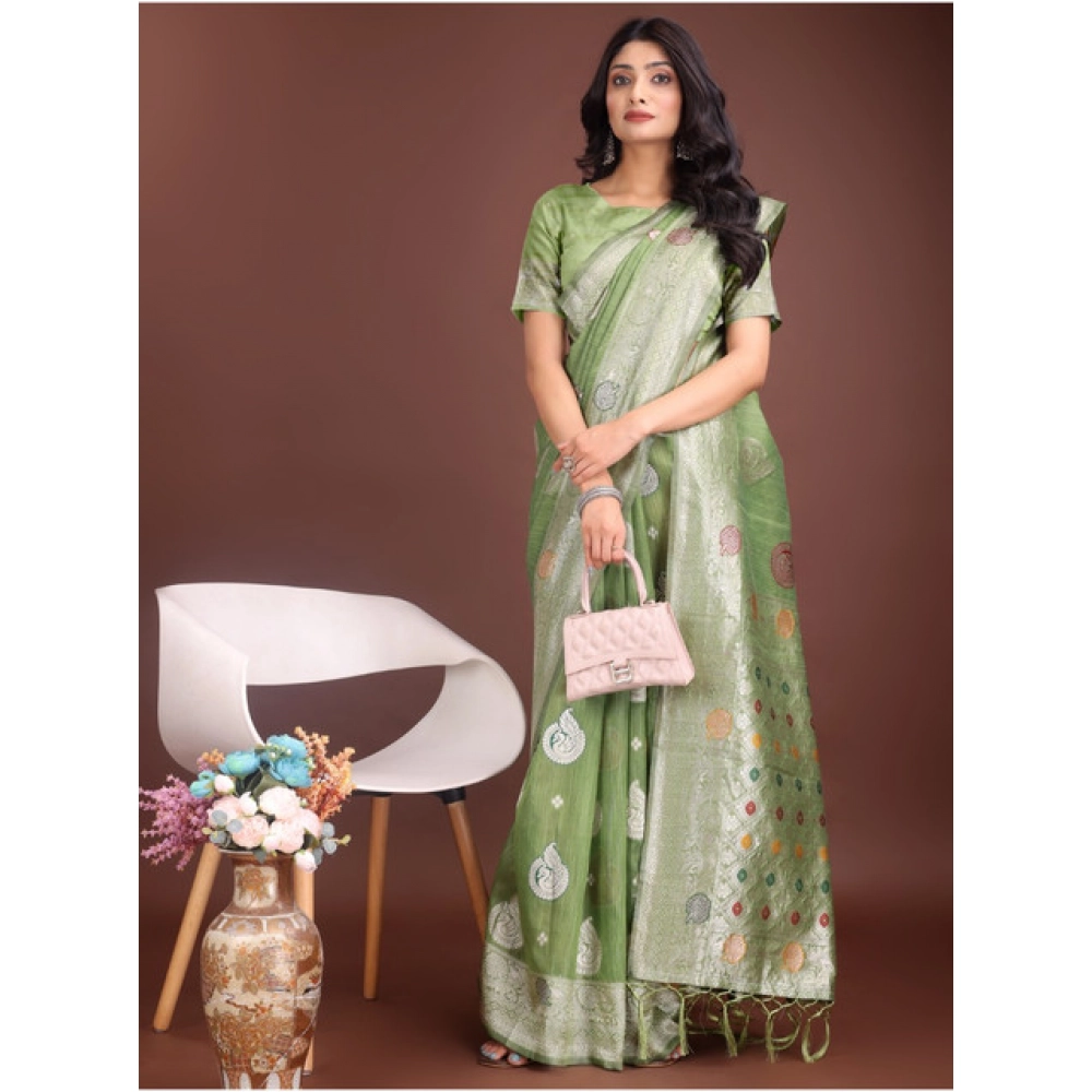 Women's Linen Cotton Printed Saree With Unstitched Blouse 5.5Mtr (Light Green) Women's Linen Cotton Printed Saree With Unstitched Blouse 5.5Mtr (Light Green)