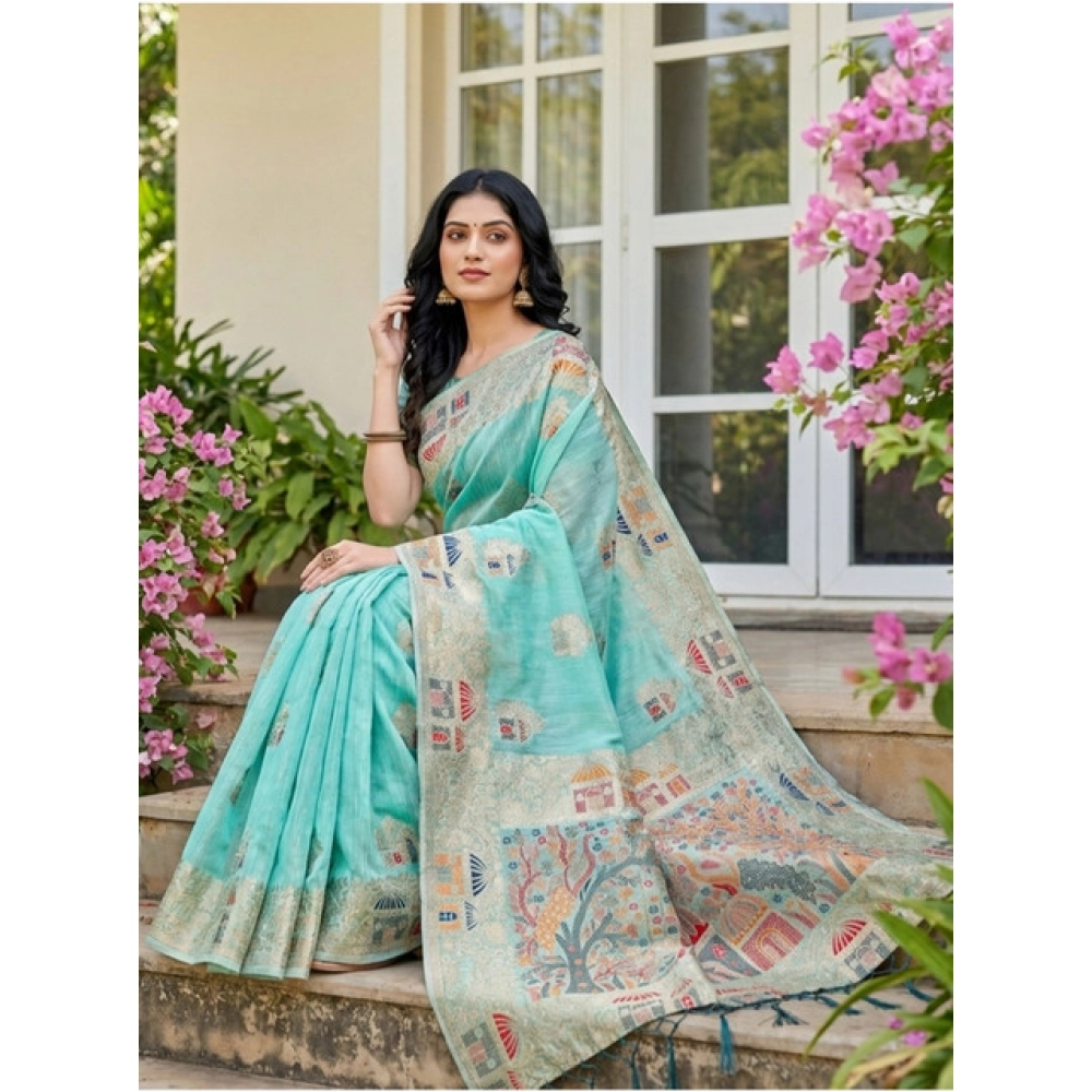 Women's Linen Cotton Printed Saree With Unstitched Blouse 5.5Mtr (Sky Blue) Women's Linen Cotton Printed Saree With Unstitched Blouse 5.5Mtr (Sky Blue)