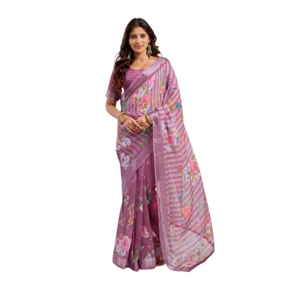 Women's Linen Cotton Printed Ready To Wear Saree With Unstitched Blouse 5.5 Mtr (Light_Mauve)