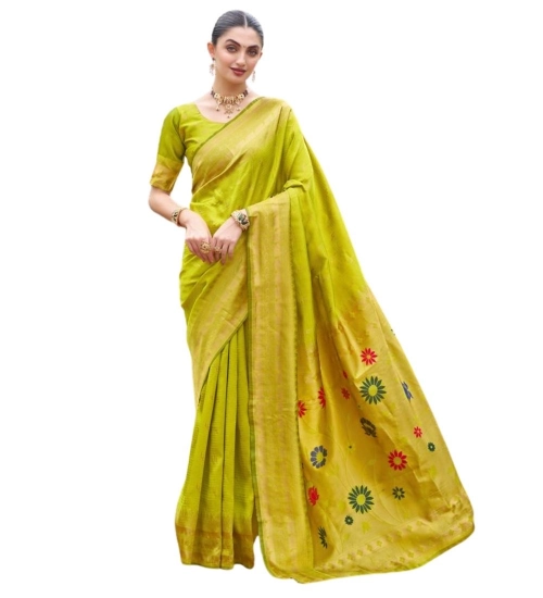 Women's Silk Blend Zari Woven Saree With Unstitched Blouse 5.5Mtr (Lime Green)