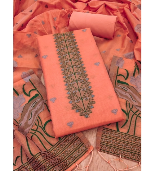 Women's Banarasi Silk Printed Unstitched Salwar Suit Material With Dupatta (Peach, 3Mtrs)