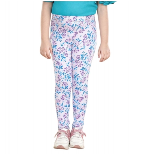Girl's Cotton Lycra Floral Elasticated Jeggings (White-Turquoise Blue) Girl's Cotton Lycra Floral Elasticated Jeggings (White-Turquoise Blue)