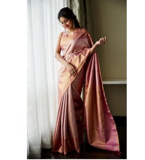 Women's Litchi silk Printed Saree With Unstitched Blouse (Light Pink)