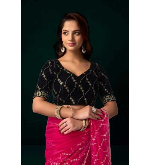 Women's Net Sequence Saree With Unstitched Blouse 5.5Mtr (Pink)