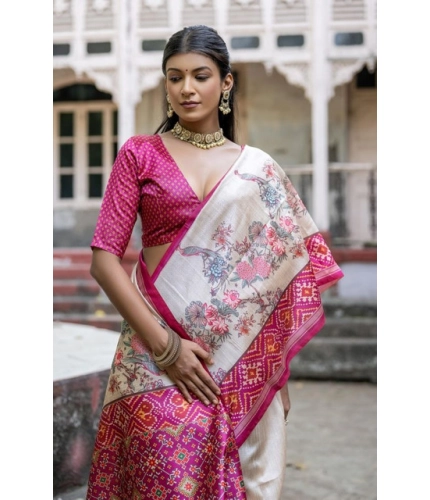 Women's Faux_Tussar Floral Jal With Patola Print Saree With Unstitched Blouse 5.5Mtr (Pink)