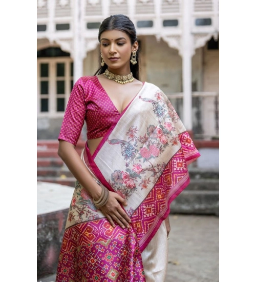 Women's Faux_Tussar Floral Jal With Patola Print Saree With Unstitched Blouse 5.5Mtr (Pink)