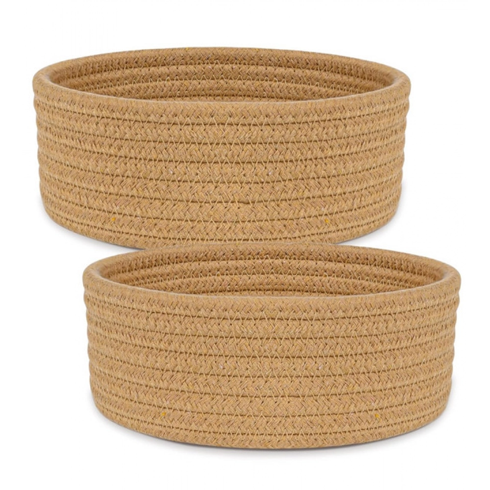 Cotton 8x3 Inch Round 2 Set Bedside Organizer (Beige)