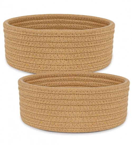 Cotton 8x3 Inch Round 2 Set Bedside Organizer (Beige)