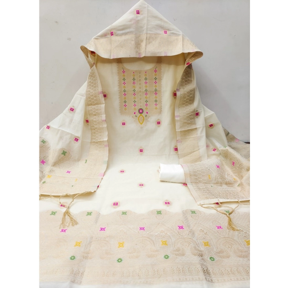 Women's Banarasi Silk Printed Unstitched Salwar Suit Material With Dupatta (White, 3Mtrs)