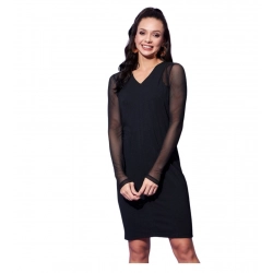 Women's Polyester And Net Solid Long Sleeves Dress (Black)